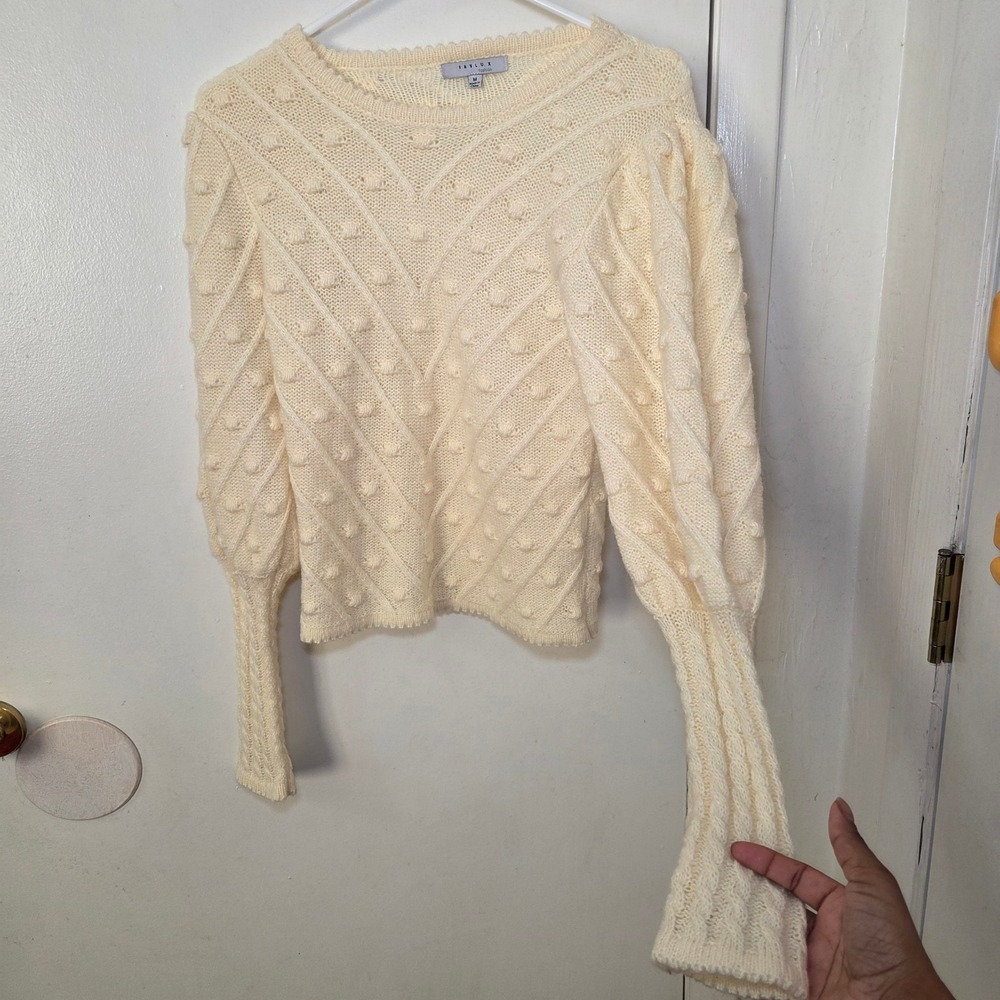 Favlux Cream Bobble Knit Sweater M Puff‎ Sleeve Textured Pullover